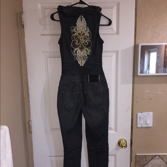 Vip Ruffle Dark Denim Jean Jumpsuit Romper Jumper - Picture 2 of 5